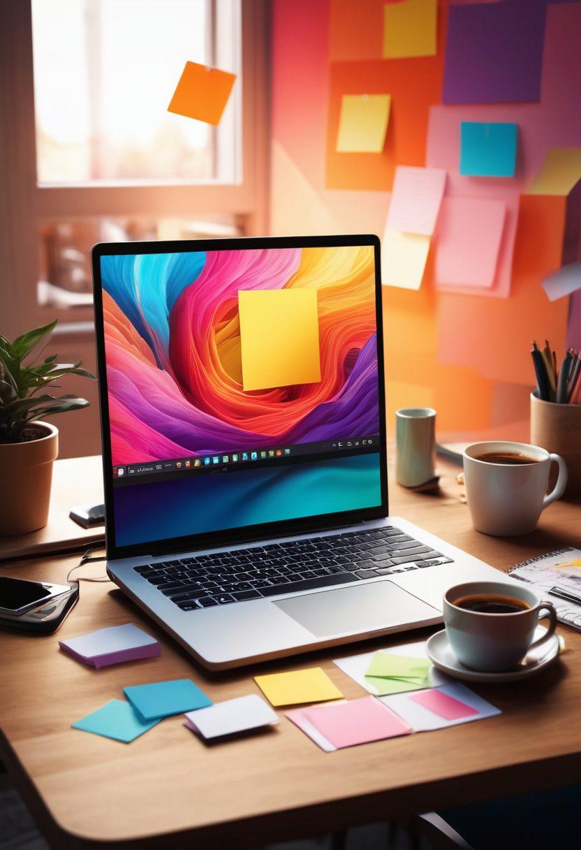 A dynamic workspace featuring a laptop open to a colorful slide design, surrounded by post-it notes and a coffee cup. Include abstract graphics floating around to symbolize creativity and innovation in presentations. Show soft lighting to create a warm and inviting atmosphere, emphasizing the idea of elevation and inspiration. modern digital art. vibrant colors.