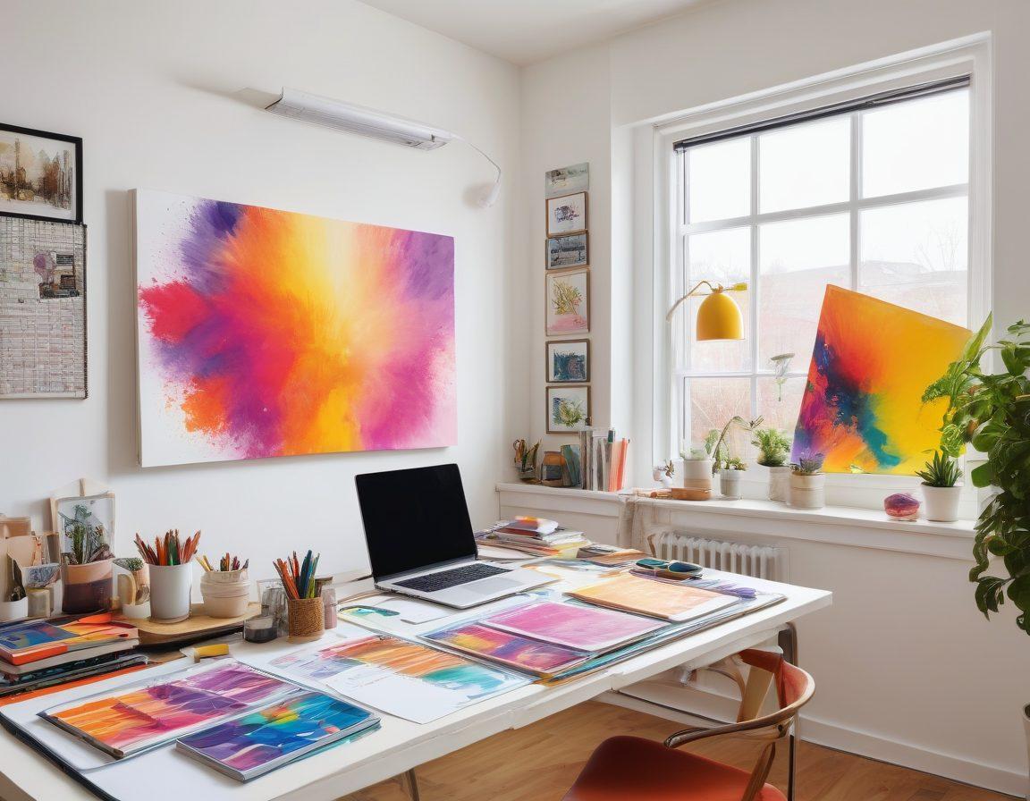 A vibrant workspace featuring a colorful, oversized sketchbook opened to a stunning slide design filled with creativity and bold visuals. Surrounding the sketchbook are various free resources like design books, a laptop displaying presentation templates, and colorful art supplies scattered around. A bright window casts natural light into the space, enhancing the energetic atmosphere of creativity. super-realistic. vibrant colors. white background.